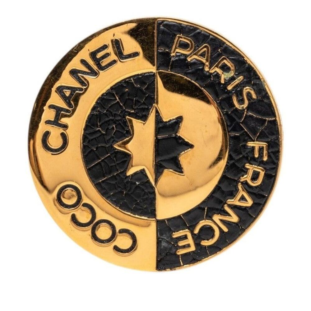 Chanel Coco Round Brooch Gold Black Plated